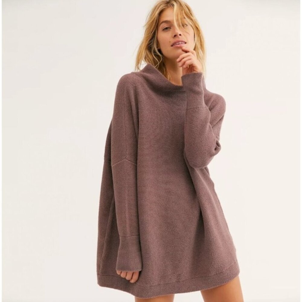 Free People Ottoman Slouchy Tunic Sweater Stretch Oversized Mock Neck Textured